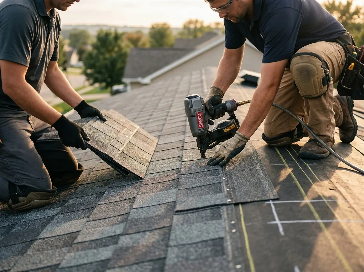 Professional roofer working on a residential roof in Edgemoor